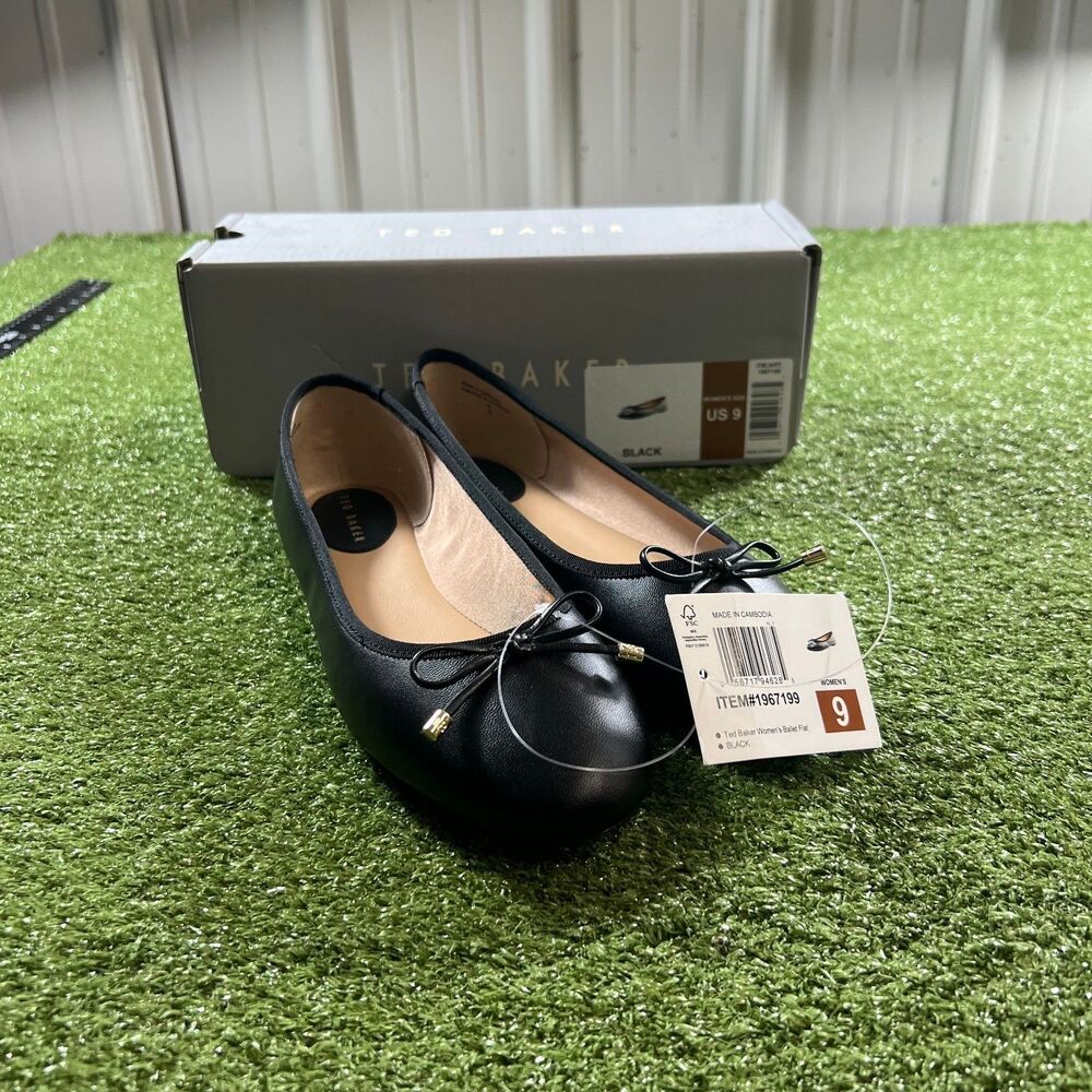 Ted Baker Women's Size 9 Black Leather Ballet Flats Bow Gold Tone Tips NIB